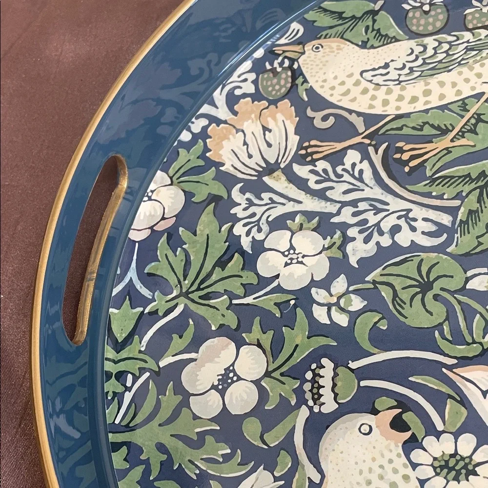 Decorative Bird & Floral Serving Tray in Blue and Green with Gold Trim